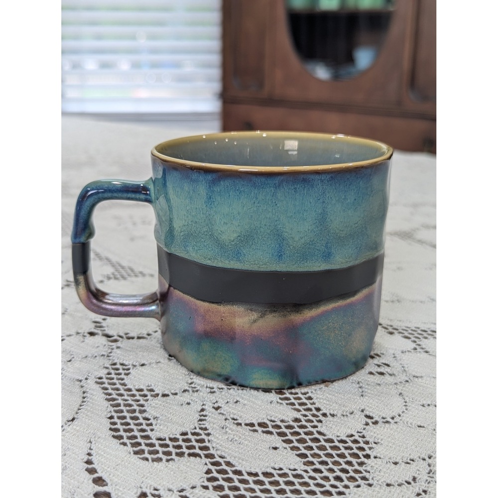 Vintage Coffee Mug Teal Blue Iridescent Studio Pottery Square Handle - Picture 7 of 14